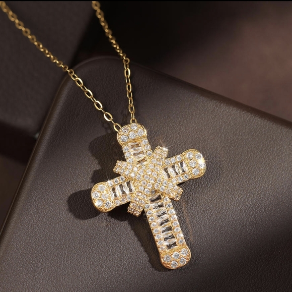 14k gold over sterling diamond cross necklace - Picture 3 of 4